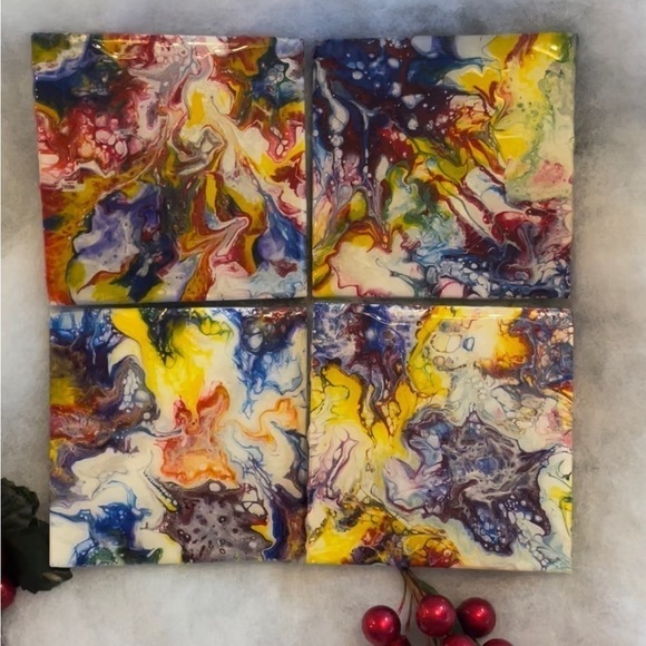 Set of 4 hand painted coasters. Sealed w/resin cork backing acrylic paint - Picture 1 of 6